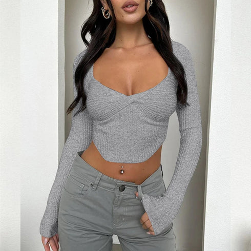 Sexy T-shirt Women Autumn New Solid Corset V-Neck Long Sleeves Crop Top Asymmetrical Fashion Streetwear Casual T-shirts Female